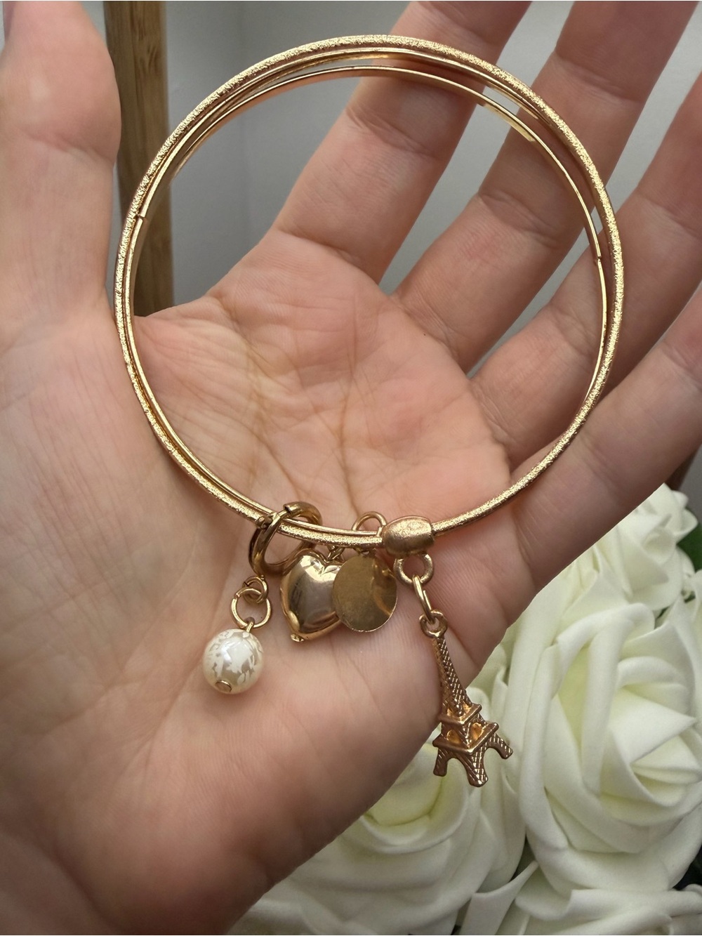 Gold Charm Bangle Bracelet with Eiffel Tower and Pearl Accent